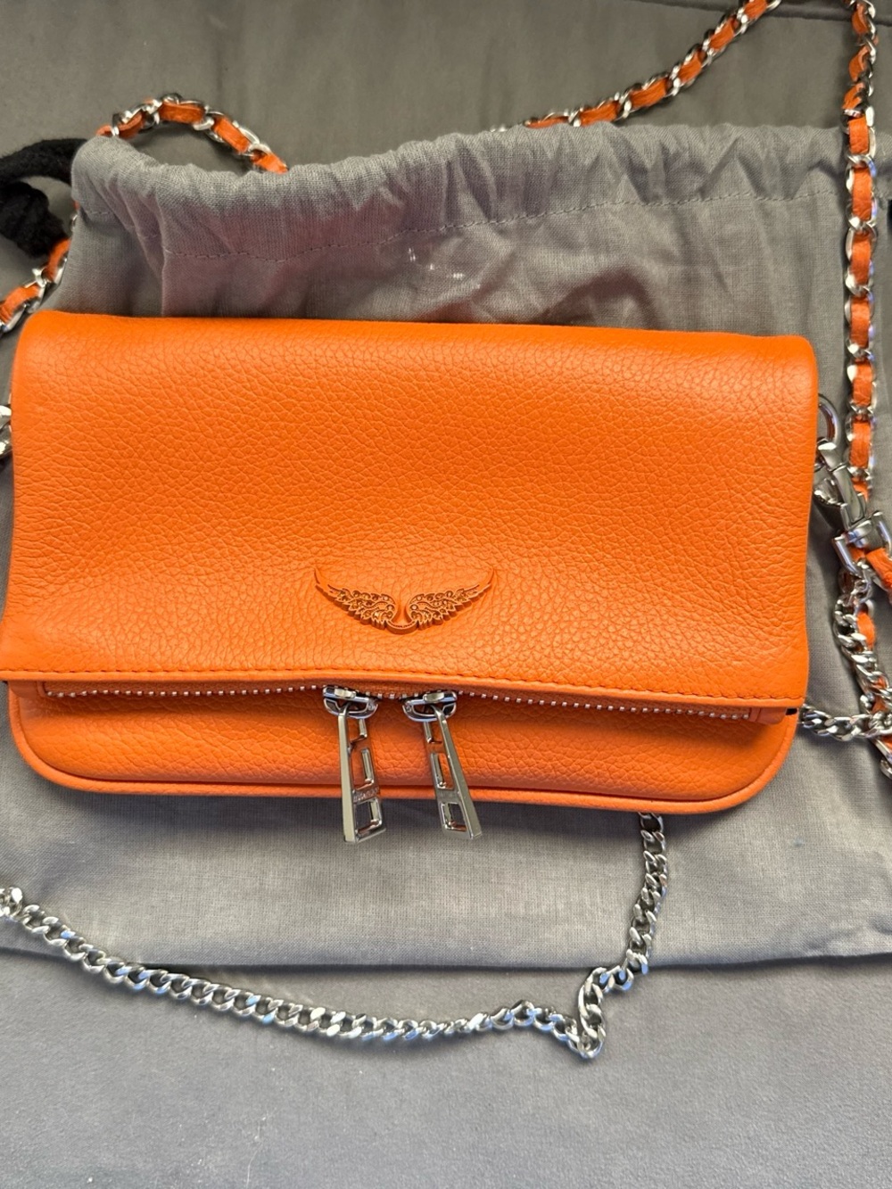 Zadig & Voltaire Orange Leather Crossbody Bag with Silver Chain